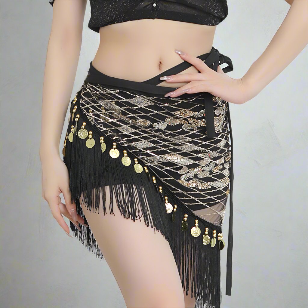 USSURA Belly Dance Black Tassel Sequin Hip Scarf
