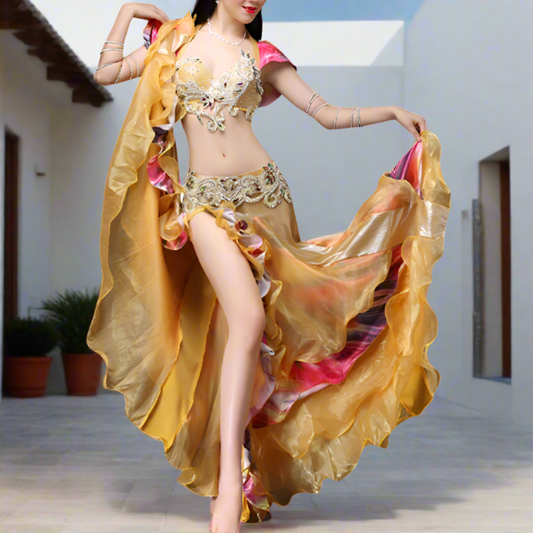 Showcasing high-end Egyptian belly dance costumes with ornate designs. Shop luxurious Badla sets, intricate bra and belt sets, and elaborately decorated outfits. Ideal for performances, our preBaladi and Saidi dancewear collection with traditional Egyptian belly dance outfits. Shop Balady costumes, Saidy costumes, folk dance costumes, oriental dance wear, & professional attire. Find Baladi dresses, Saidi gallabiyahs in a range of styles, sizes, & fabrics ideal for dance practice & performance, free shipping