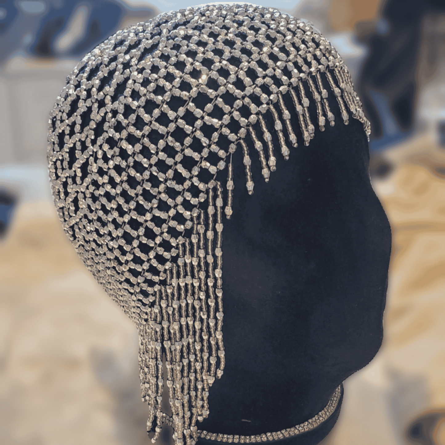 HADAR hand-beaded tasseled full coverage chainmail headdress for belly dance