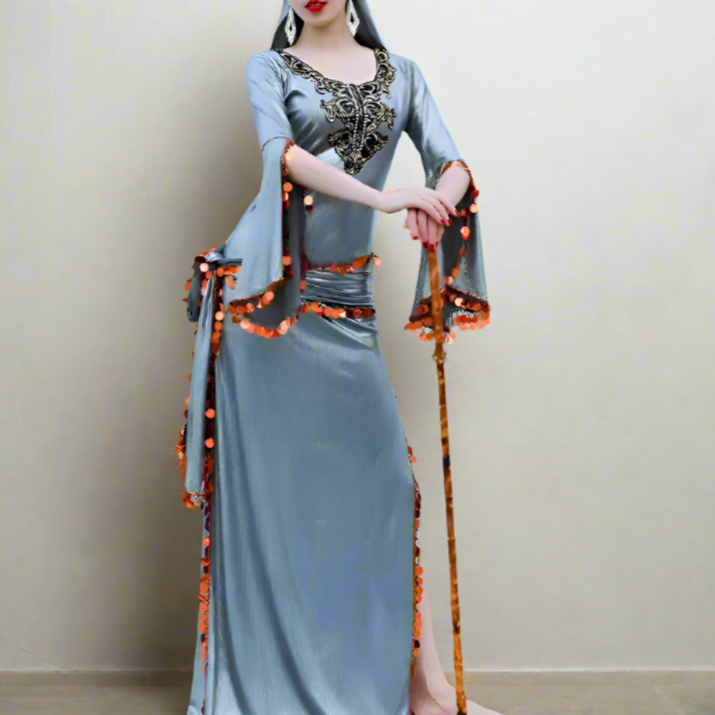 grey metallic baladi belly dance gallabeya costume set Showcasing high-end Egyptian belly dance costumes with ornate designs. Shop luxurious Badla sets, intricate bra and belt sets, and elaborately decorated outfits. Ideal for performances, our preBaladi and Saidi dancewear collection with traditional Egyptian belly dance outfits. Shop Balady costumes, Saidy costumes, folk dance costumes, oriental dance wear, & professional attire. Find Baladi dresses, Saidi gallabiyahs in a range of styles, sizes, & fabri
