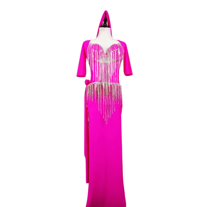 BAMBA - Custom Hot Pink Shaabi Dress with Beaded Fringe Azuer Bellydance BAMBA - Custom Hot Pink Shaabi Dress with Beaded Fringe Azuer Bellydance