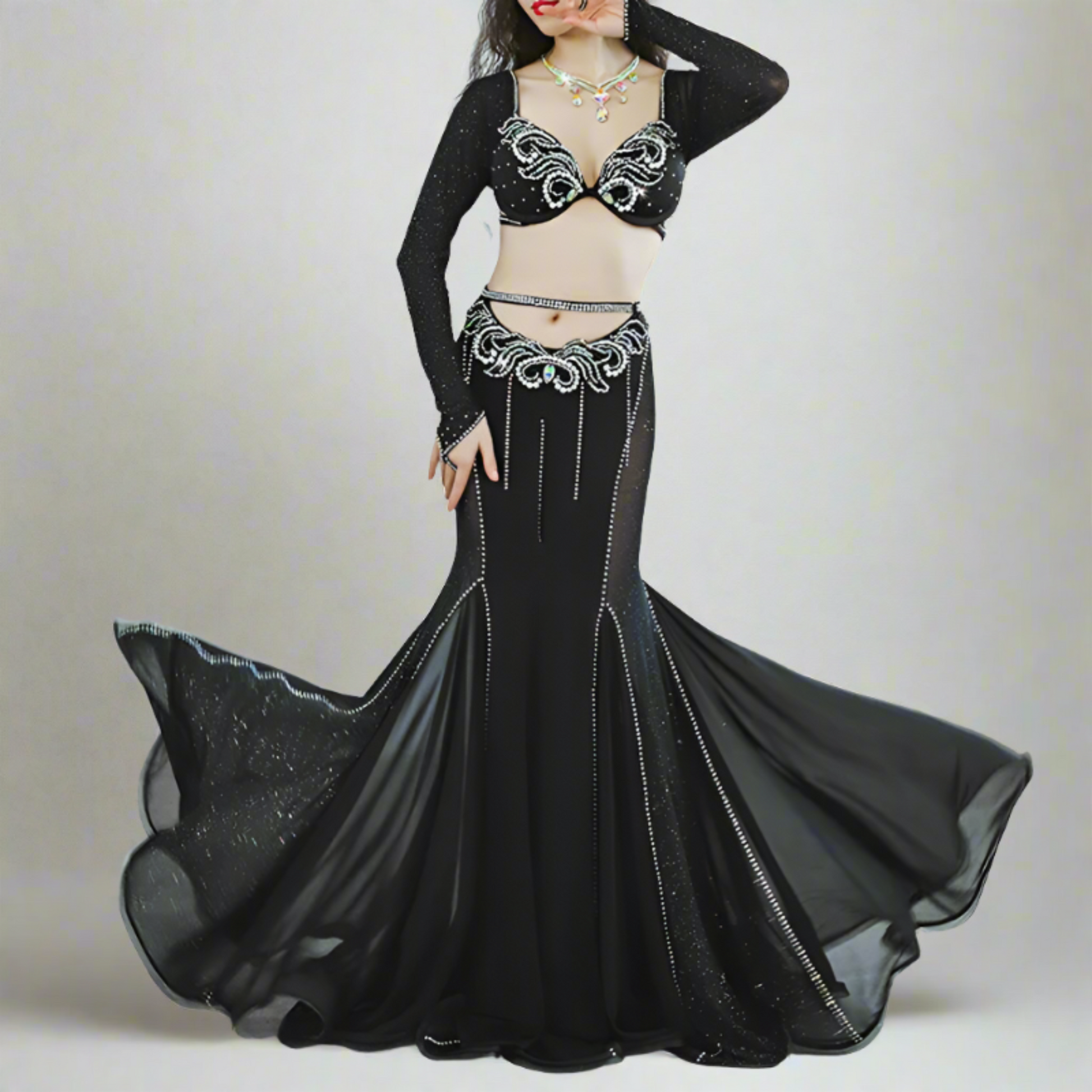 Showcasing high-end Egyptian belly dance costumes with ornate designs. Shop luxurious Badla sets, intricate bra and belt sets, and elaborately decorated outfits. Ideal for performances, our preBaladi and Saidi dancewear collection with traditional Egyptian belly dance outfits. Shop Balady costumes, Saidy costumes, folk dance costumes, oriental dance wear, & professional attire. Find Baladi dresses, Saidi gallabiyahs in a range of styles, sizes, & fabrics ideal for dance practice & performance, free shipping