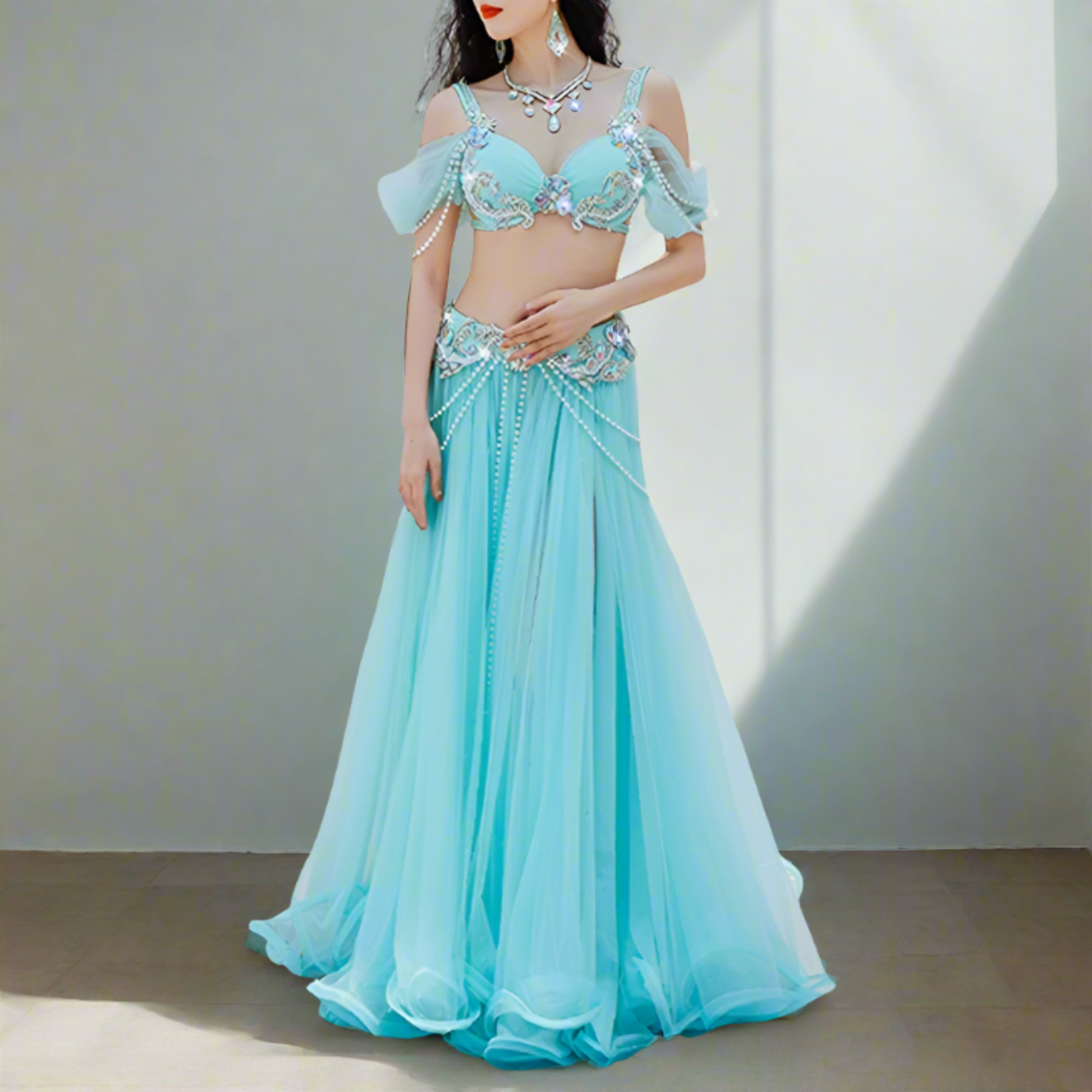 Showcasing high-end Egyptian belly dance costumes with ornate designs. Shop luxurious Badla sets, intricate bra and belt sets, and elaborately decorated outfits. Ideal for performances, our preBaladi and Saidi dancewear collection with traditional Egyptian belly dance outfits. Shop Balady costumes, Saidy costumes, folk dance costumes, oriental dance wear, & professional attire. Find Baladi dresses, Saidi gallabiyahs in a range of styles, sizes, & fabrics ideal for dance practice & performance, free shipping