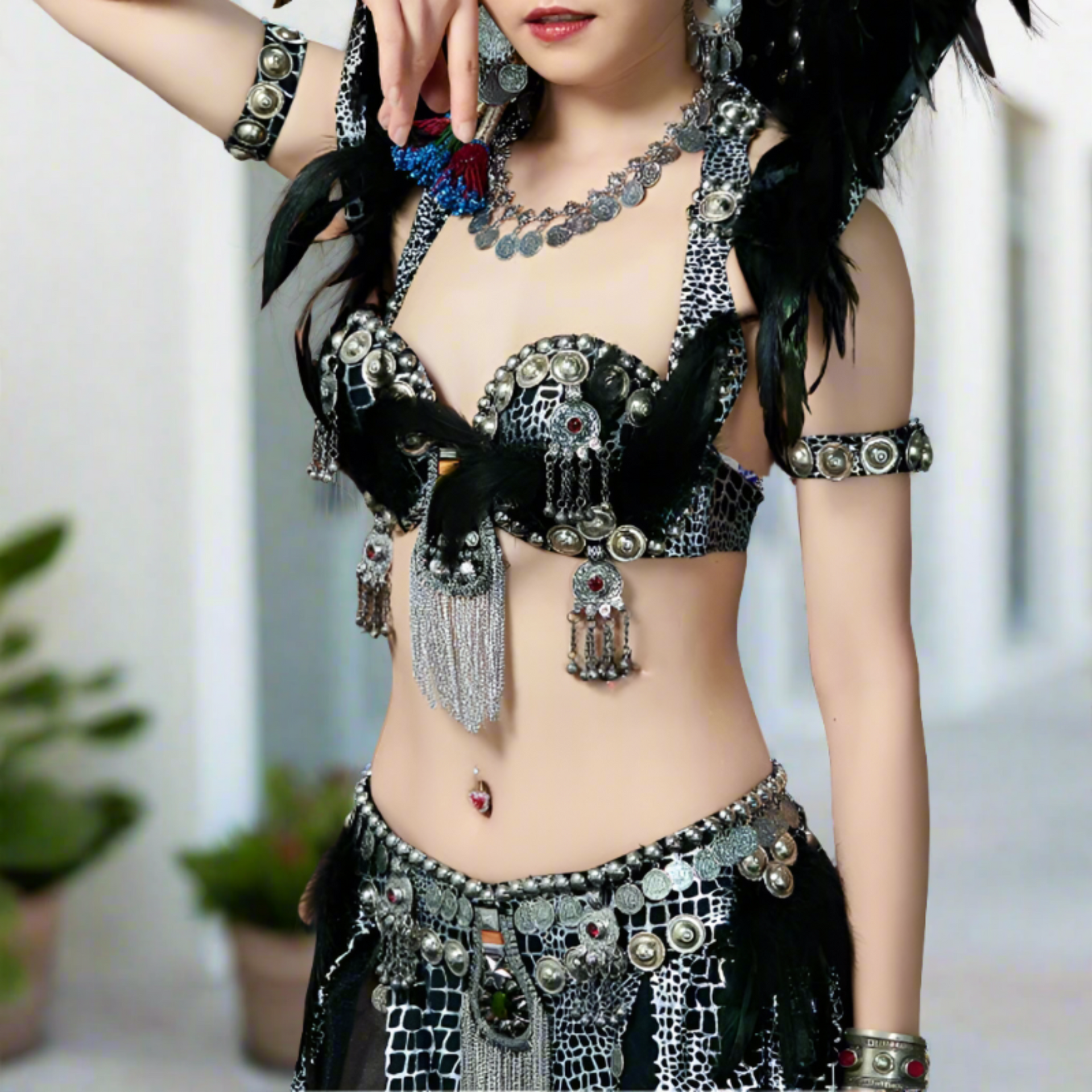 ベリーダンス Belly dance custom set up CODELIN Handcrafted antique bronze coin black crocodile print top