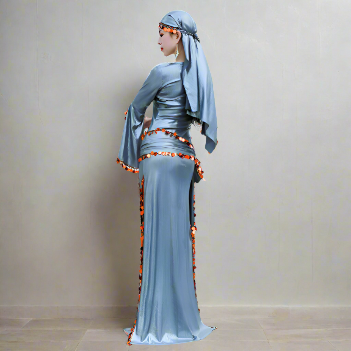  folk oriental dance grey metallic baladi belly dance gallabeya costume set Showcasing high-end Egyptian belly dance costumes with ornate designs. Shop luxurious Badla sets, intricate bra and belt sets, and elaborately decorated outfits. Ideal for performances, our preBaladi and Saidi dancewear collection with traditional Egyptian belly dance outfits. Shop Balady costumes, Saidy costumes, folk dance costumes, oriental dance wear, & professional attire. Find Baladi dresses, Saidi gallabiyahs in a range of st