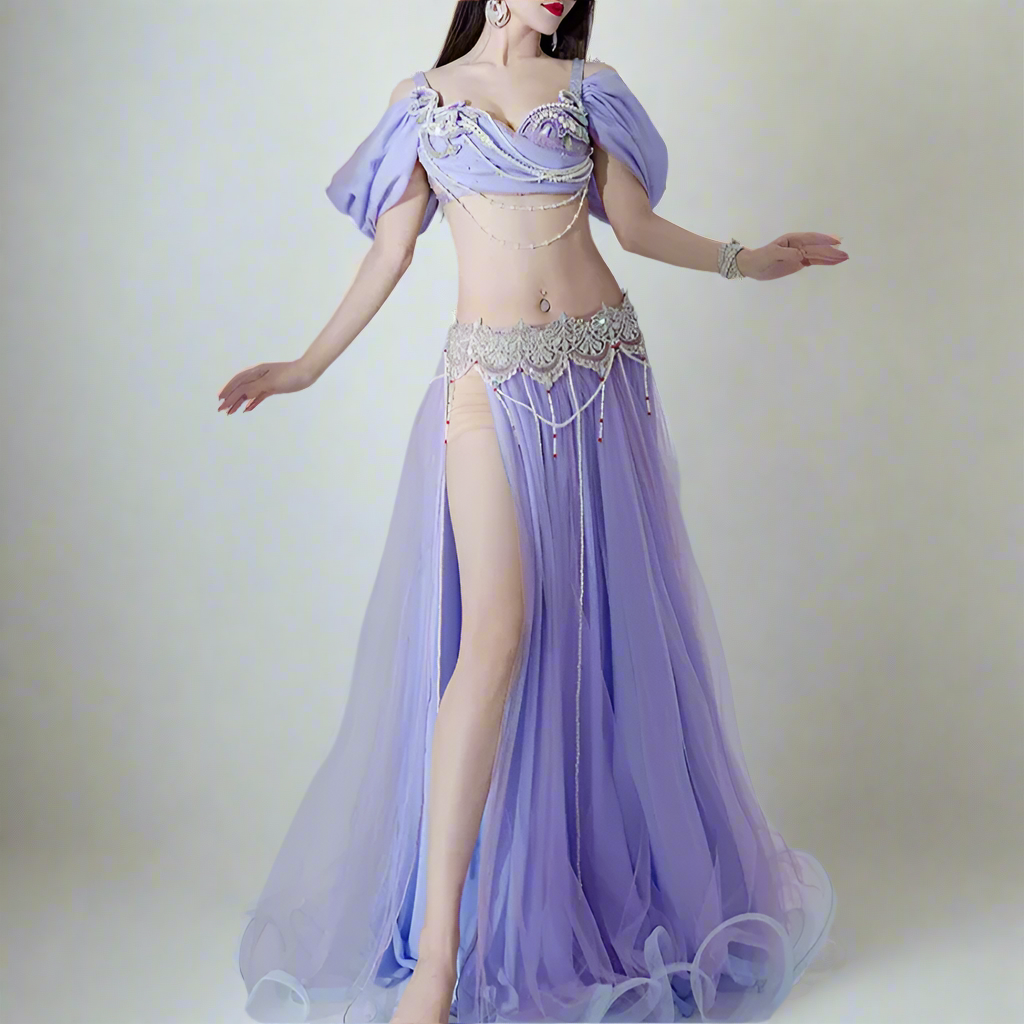 NUSIRA custom sequinned soft lavender halter bra skirt belly dance set combo