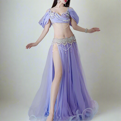 NUSIRA custom sequinned soft lavender halter bra skirt belly dance set combo