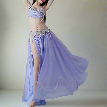 NUSIRA custom sequinned soft lavender halter bra skirt belly dance set combo