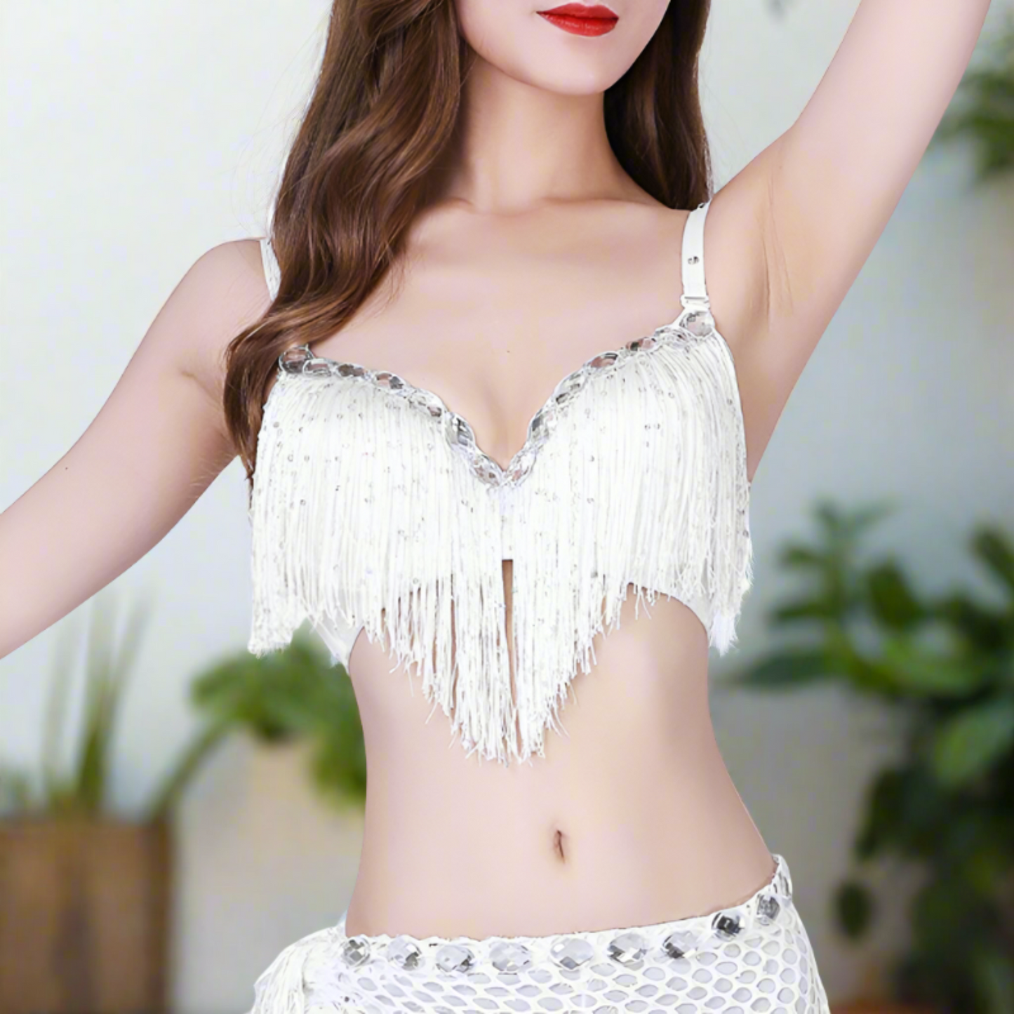 UMA white underwire fringed rhinestoned push-up bar for belly dance