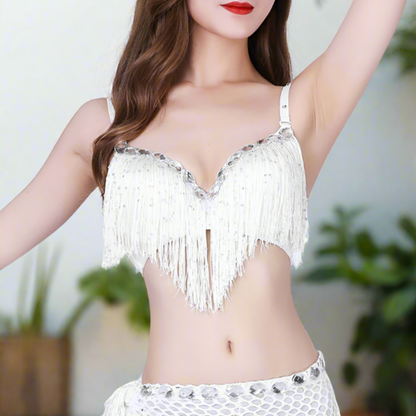 UMA white underwire fringed rhinestoned push-up bar for belly dance