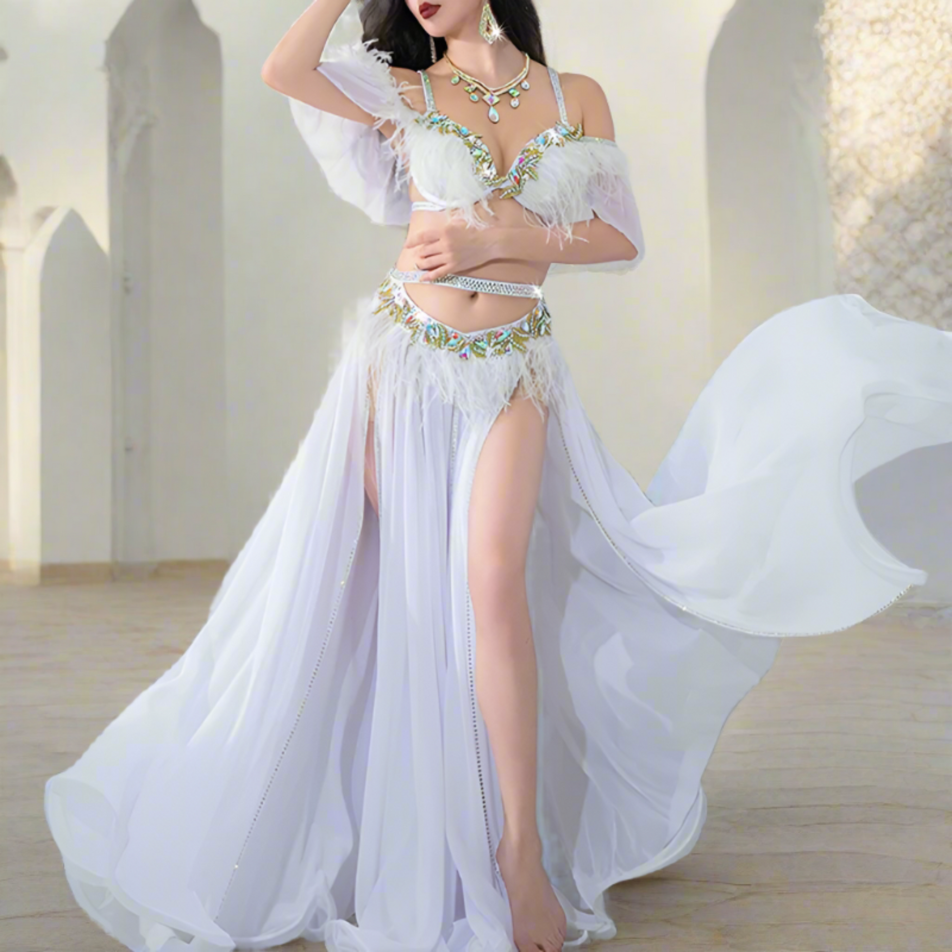 Showcasing high-end Egyptian belly dance costumes with ornate designs. Shop luxurious Badla sets, intricate bra and belt sets, and elaborately decorated outfits. Ideal for performances, our preBaladi and Saidi dancewear collection with traditional Egyptian belly dance outfits. Shop Balady costumes, Saidy costumes, folk dance costumes, oriental dance wear, & professional attire. Find Baladi dresses, Saidi gallabiyahs in a range of styles, sizes, & fabrics ideal for dance practice & performance, free shipping